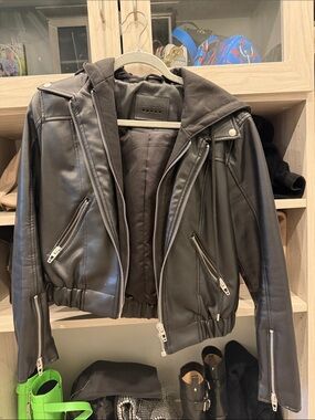 Blank NYC Black Leather Hooded Moto Jacket